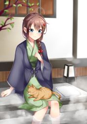 Rule 34 | 1girl, 1other, ahoge, animal, animal on lap, blue eyes, blush, braid, branch, breasts, brown hair, cat, cat on lap, commentary request, foot bath, green kimono, hair between eyes, hair flaps, hair ornament, hanten (clothes), highres, indoors, japanese clothes, kantai collection, kimono, long sleeves, mashiro aa, on lap, shigure (kancolle), sidelocks, single braid, small breasts, smile, towel, wading, wide sleeves