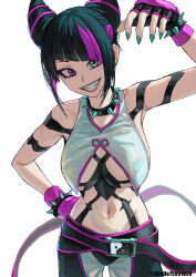 Rule 34 | 1girl, asymmetrical bangs, baggy pants, belt, black hair, bracelet, breasts, chinese clothes, collar, drill hair, dudou, fingerless gloves, gloves, hair horns, halterneck, han juri, heterochromia, highres, jewelry, large breasts, looking at viewer, multicolored hair, nail polish, navel, open clothes, pants, pink hair, purple z, simple background, smile, spiked bracelet, spiked collar, spikes, street fighter, street fighter 6, twin drills, underboob, white background, yin yang