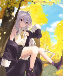 Rule 34 | 1girl, absurdres, ahoge, black coat, black footwear, blue sky, bow, bowtie, center frills, closed mouth, coat, commentary, elaina (majo no tabitabi), english commentary, frills, grey eyes, grey hair, hand in own hair, highres, long sleeves, looking at viewer, majo no tabitabi, outdoors, shirt, sirim5420, sitting, sky, smile, solo, tree, white shirt, yellow bow, yellow bowtie