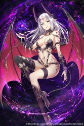 Rule 34 | 1girl, age of ishtaria, asymmetrical legwear, black thighhighs, boots, breasts, bridal garter, bridal gauntlets, collar, copyright notice, demon girl, demon horns, demon wings, facial mark, fame peera, floating, forehead mark, hair between eyes, high heel boots, high heels, horns, knee boots, long hair, looking at viewer, magic, medium breasts, mismatched legwear, nail polish, official art, parted lips, pointy ears, purple nails, revealing clothes, silver hair, single thighhigh, smile, solo, tattoo, thighhighs, torn clothes, torn thighhighs, wings, yellow eyes