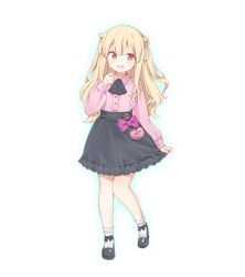 Rule 34 | 1girl, artist request, ascot, black ascot, black footwear, black skirt, blonde hair, blush, bow, collared shirt, flat chest, full body, game cg, holding, holding clothes, holding skirt, little witch nobeta, long hair, long sleeves, looking at viewer, mary janes, nobeta, non-web source, official art, open mouth, pink shirt, purple bow, red eyes, shirt, shoes, simple background, skirt, sleeves past wrists, socks, solo, standing, transparent background, very long hair, white socks