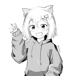 Rule 34 | :d, animal ear fluff, animal ears, blush, bob cut, cat ears, cat hair ornament, fang, greyscale, hair between eyes, hair ornament, highres, hood, hoodie, light blush, monochrome, open mouth, original, portrait, raised eyebrows, short hair, simple background, sketch, sleeves past wrists, smile, solo, sweater, tofumang, waving, white background