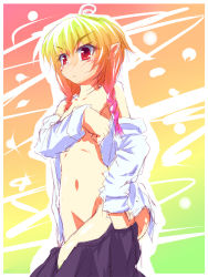 Rule 34 | 1girl, :&lt;, bare shoulders, blonde hair, blush stickers, braid, breasts, covering privates, covering breasts, erica dracul dreipneels, female focus, gradient background, lotte no omocha!, navel, no bra, no panties, pointy ears, red eyes, shirt, skirt, solo, twin braids, undressing, white shirt