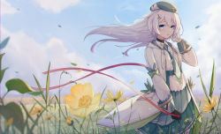 Rule 34 | 1girl, :o, absurdres, asymmetrical gloves, beret, black gloves, blue eyes, blue sky, cloud, cloudy sky, coat, flower, gloves, grass, green hat, green skirt, hair between eyes, hair ornament, hat, highres, honkai (series), honkai impact 3rd, huge filesize, long hair, looking at viewer, mismatched gloves, necktie, open mouth, outdoors, shirt, skirt, sky, solo, theresa apocalypse, theresa apocalypse (twilight paladin), white coat, white gloves, white hair, white shirt, wind, wind lift, wood cube, yellow flower