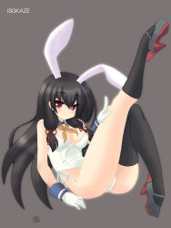 Rule 34 | 10s, 1girl, adapted costume, animal ears, ascot, black hair, blush, breasts, cleavage, covered erect nipples, detached collar, fake animal ears, gloves, highres, isokaze (kancolle), kantai collection, long hair, looking at viewer, playboy bunny, rabbit ears, red eyes, saano chia, smile, solo, thighhighs, wrist cuffs