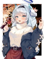 Rule 34 | 1girl, autumn, autumn leaves, belt, blue eyes, blue jacket, blush, braid, casual, commission, crown braid, english text, falling leaves, hairband, halo, highres, jacket, jewelry, kamishiro rita, leaf, long sleeves, looking at viewer, maple leaf, mechanical halo, medium hair, microphone, necklace, oak leaf, off-shoulder jacket, off shoulder, open mouth, prism project, ribbed sweater, second-party source, skeb commission, smile, solo, sorani (kaeru0768), sweater, turtleneck, turtleneck sweater, virtual youtuber, white hair, white sweater