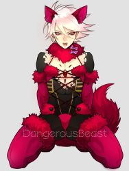 Rule 34 | 1boy, animal ears, armor, blue eyes, chest jewel, cosplay, elbow gloves, fate/apocrypha, fate/grand order, fate (series), fur trim, gloves, halloween, halloween costume, karna (fate), looking at viewer, male focus, mash kyrielight, mash kyrielight (dangerous beast), mash kyrielight (dangerous beast) (cosplay), official alternate costume, pale skin, shielder (fate/grand order) (cosplay), simple background, solo, tail, white hair, wolf ears, wolf tail, zuwai kani