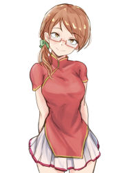 Rule 34 | 1girl, alternate costume, araki hina, arms behind back, blush, breasts, brown eyes, brown hair, china dress, chinese clothes, commentary request, dress, glasses, idolmaster, idolmaster cinderella girls, large breasts, looking at viewer, ponytail, red-framed eyewear, red shirt, semi-rimless eyewear, shirt, short hair, short sleeves, simple background, skirt, smile, solo, unu (unucence), white background, white skirt