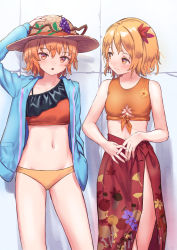 Rule 34 | 2girls, :o, aki minoriko, aki shizuha, alternate headwear, arm up, bare arms, bare shoulders, bikini, blonde hair, blue jacket, blush, brown eyes, commentary, cowboy shot, food-themed hair ornament, front-tie top, grape hair ornament, groin, hair between eyes, hair ornament, hand in pocket, hand on headwear, hat, indoors, jacket, leaf, leaf hair ornament, looking at another, looking at viewer, multiple girls, navel, open clothes, open jacket, open mouth, orange bikini, orange eyes, orange hair, pocket, roke (taikodon), sarong, shadow, short hair, siblings, sisters, smile, standing, stomach, straw hat, swimsuit, thighs, touhou