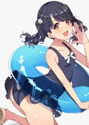 Rule 34 | 1girl, artist request, ass, bare arms, bare shoulders, black hair, black one-piece swimsuit, collarbone, cure slum, fangs, flower, fukumaru koito, hair flower, hair ornament, highres, idolmaster, idolmaster shiny colors, innertube, looking at viewer, looking to the side, one-piece swimsuit, purple eyes, skin fangs, solo, swim ring, swimsuit, swimsuit skirt, thighs, twintails, white background