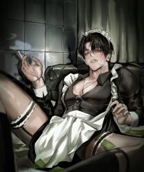 Rule 34 | 1boy, apron, banknote, black eyes, black hair, black socks, character request, cigarette, collared shirt, copyright request, crossdressing, curtains, garter straps, hand up, highres, holding, holding cigarette, jewelry, kneehighs, koos (sook), leaning back, light blush, looking at viewer, looking down, maid, maid apron, maid headdress, male focus, male maid, mole, mole under mouth, money, necklace, parted bangs, parted lips, pectoral cleavage, pectorals, shirt, short hair, sitting, smoke, smoking, socks, solo, spread legs, teeth, thigh strap, tile wall, tiles, tucked money, upper body, upper teeth only