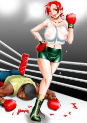 Rule 34 | 1boy, 1girl, arena, black hair, blood, boxing, boxing gloves, boxing ring, breasts, dark skin, dark-skinned male, femdom, large breasts, mokkouyou bond, nipples, red eyes, red hair, see-through, short shorts, shorts, skin tight, snk, tank top, the king of fighters, vanessa (kof)