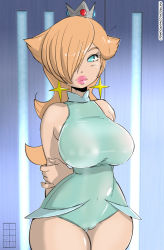 Rule 34 | 1girl, arms behind back, bare shoulders, blue eyes, blue leotard, breasts, brown hair, cameltoe, cleft of venus, closed mouth, covered navel, cowboy shot, crown, earrings, hair over one eye, highres, jewelry, large breasts, leotard, lips, long hair, looking at viewer, mario (series), nintendo, rosalina, roumgu, solo, star (symbol), star earrings, thick lips