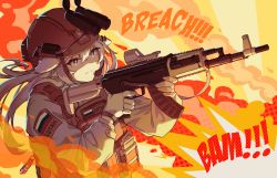 Rule 34 | 1girl, absurdres, aiming, animal ears, assault rifle, binoculars, closed mouth, commentary request, cyrillic, explosion, finger on trigger, gloves, grey eyes, gun, hair between eyes, hat, headset, highres, holding, holding gun, holding weapon, hololive, jacket, jl tan, lion ears, long hair, looking away, military jacket, rifle, russian flag, shishiro botan, silver hair, smoke, solo, sound effects, tactical clothes, upper body, virtual youtuber, weapon