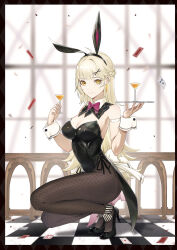 Rule 34 | 1girl, ahoge, animal ears, arm strap, bare shoulders, black footwear, black hairband, black leotard, blonde hair, blurry, bow, bowtie, breasts, brown pantyhose, card, cleavage, closed mouth, cocktail glass, cup, depth of field, detached collar, drinking glass, ear piercing, earrings, fake animal ears, fake tail, fishnet pantyhose, fishnets, hair ornament, hairband, hands up, high heels, highleg, highleg leotard, highres, holding, holding tray, jewelry, latex, leotard, long hair, looking at viewer, marumoru, medium breasts, melonbooks, mole, mole on breast, mole under mouth, original, pantyhose, piercing, playboy bunny, playing card, rabbit ears, rabbit tail, smile, solo, squatting, strapless, strapless leotard, tail, tile floor, tiles, tray, very long hair, waist cape, wrist cuffs, x hair ornament, yellow eyes