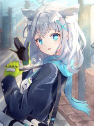 Rule 34 | 1girl, animal ear fluff, animal ears, black gloves, black jacket, blue archive, blue eyes, blue halo, blue scarf, cross hair ornament, extra ears, gloves, green gloves, grey hair, hair ornament, halo, highres, jacket, komena (shinyday312), long sleeves, looking at viewer, medium hair, mismatched pupils, open mouth, outdoors, scarf, shiroko (blue archive), smile, solo, two-tone gloves, upper body, wolf ears