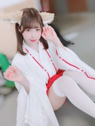 Rule 34 | 1girl, animal ears, fox ears, higaki kaho, highres, japanese clothes, miko, photo (medium), sitting, socks, white socks