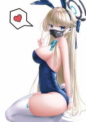 Rule 34 | 1girl, absurdres, animal ears, blonde hair, blue archive, blue eyes, blue hair, blue leotard, bow, bowtie, breasts, detached collar, fake animal ears, halo, heart, highres, large breasts, leotard, long hair, looking at viewer, mask, mouth mask, multicolored hair, official alternate costume, playboy bunny, rabbit ears, shira jun, sitting, smile, solo, strapless, strapless leotard, streaked hair, thighhighs, thighs, toki (blue archive), toki (bunny) (blue archive), v, very long hair, wariza, white background, wrist cuffs