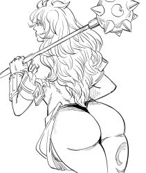 Rule 34 | 1girl, ass, bad id, bb (baalbuddy), bracer, closed mouth, commentary, cowboy shot, english commentary, english text, from behind, greyscale, highres, holding, holding weapon, inactive account, long hair, looking away, mace, monochrome, over shoulder, panties, queen&#039;s blade, risty (queen&#039;s blade), risty (queen's blade), simple background, smile, solo, spiked mace, spikes, thong, underwear, weapon, weapon over shoulder, white background, wilderness bandit risty