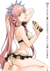 Rule 34 | 1girl, :d, aono shimo, ass, bad id, bad pixiv id, bare arms, bare legs, bare shoulders, barefoot, bikini, breasts, fate/grand order, fate (series), head tilt, highres, holding, holding hair, long hair, looking at viewer, medb (fate), medb (swimsuit saber) (fate), medium breasts, open mouth, pink hair, smile, solo, straight hair, swimsuit, tiara, very long hair, water, white background, white bikini, yellow eyes