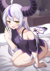 Rule 34 | 1girl, absurdres, ahoge, barefoot, bed sheet, black shirt, blush, bottomless, braid, breasts, collarbone, crow (la+ darknesss), dakimakura (object), demon girl, demon horns, fang, full body, grey hair, hand up, hashira 14, highres, hololive, horns, indoors, la+ darknesss, long hair, medium breasts, multicolored hair, off shoulder, on bed, open mouth, pillow, pointy ears, purple hair, seiza, shirt, short sleeves, sidelocks, sitting, skin fang, solo, streaked hair, striped horns, thighs, tokoyami towa, two-tone hair, virtual youtuber, yellow eyes
