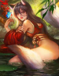 Rule 34 | 1girl, ahri (league of legends), animal ears, ass, bell, black hair, bottomless, bug, butterfly, butterfly on hand, detached sleeves, eyeshadow, fan yang (jiuge), fox ears, fox tail, hair between eyes, insect, korean clothes, league of legends, lily pad, lips, lipstick, long hair, makeup, multiple tails, nose, obi, partially submerged, sash, sitting, solo, tail, wet, yellow eyes