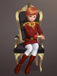Rule 34 | 1girl, belt, boots, chair, child, commentary request, female focus, full body, gradient background, grey background, gundam, hand on hand, highres, irotsuya, legs together, lips, looking at viewer, military, military uniform, mineva lao zabi, mobile suit gundam, orange hair, pantyhose, short hair, simple background, sitting, solo, uniform, zeon