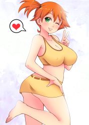 Rule 34 | 1girl, armpits, ass, asymmetrical hair, bare arms, bare shoulders, blush, breasts, cleavage, cowboy shot, creatures (company), game freak, green eyes, highres, large breasts, looking at viewer, miniskirt, misty (pokemon), misune art, nintendo, open mouth, orange hair, pokemon, pokemon rgby, ponytail, short hair, short ponytail, side ponytail, skirt, smile, solo, thighs, v