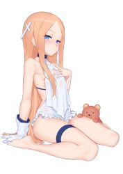 Rule 34 | 1girl, abigail williams (fate), blonde hair, blue eyes, breasts, cross hair ornament, fate/grand order, fate (series), forehead, gloves, hair ornament, highres, jilu, long hair, looking at viewer, simple background, single glove, sitting, small breasts, solo, stuffed animal, stuffed toy, teddy bear, thighs, wariza, white background, white gloves