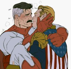 Rule 34 | 2boys, bara, black hair, blonde hair, blue eyes, blush, bonjourdraws, cape, clenched teeth, closed eyes, colored skin, crossover, english text, facial hair, furrowed brow, gloves, grey hair, half-closed eyes, highres, homelander, imminent kiss, invincible (series), looking at another, male focus, mature male, moaning, multicolored hair, multiple boys, muscular, muscular male, mustache, omni-man, simple background, superhero costume, sweat, teeth, the boys, thick arms, thick mustache, two-tone bodysuit, two-tone hair, white background, white skin, yaoi