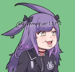 Rule 34 | 1girl, :d, animal ears, arknights, artist name, beige eyes, black bow, black choker, black jacket, blush, bow, choker, commentary, commission, earrings, english commentary, green background, hair bow, highres, jacket, jewelry, long hair, meme, open mouth, pogchamp (meme), purple hair, pyon (givemequartzplz), rabbit ears, rope (arknights), simple background, smile, solo, twitter username, upper body
