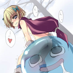 Rule 34 | 1girl, ass, bare tree, blonde hair, bottomless, bow, flat chest, from below, green bow, hair bow, heart, no panties, one eye closed, short hair, slime, spoken heart, tree