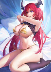 Rule 34 | 1girl, absurdres, arknights, armpits, arms up, bare shoulders, bed, bikini, black socks, breasts, cleavage, clothes lift, cross, cross necklace, highres, horns, jewelry, kneehighs, large breasts, lifting own clothes, long hair, looking at viewer, micro bikini, navel, necklace, on bed, parted lips, pillow, purple eyes, red hair, renleiwanyier, shirt, shirt lift, sitting, sleeveless, sleeveless shirt, socks, solo, surtr (arknights), swimsuit, undressing, v-shaped eyebrows, very long hair, wariza, yellow bikini