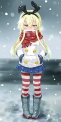 Rule 34 | 1girl, adapted costume, bad id, bad pixiv id, blonde hair, blue skirt, commentary request, dd (ijigendd), grey eyes, hair between eyes, highres, kantai collection, long hair, long sleeves, miniskirt, outdoors, pleated skirt, red scarf, runny nose, scarf, shimakaze (kancolle), skirt, snot, snowing, solo, striped clothes, striped legwear, striped thighhighs, thighhighs