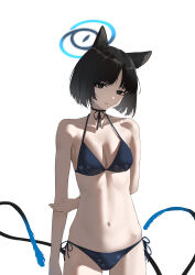 Rule 34 | 1girl, absurdres, animal ears, arm behind back, bikini, black bikini, black choker, black hair, blue archive, blue halo, bob cut, breasts, cat ears, cat girl, cat tail, choker, closed mouth, collarbone, halo, highres, hitomi (tongshou), kikyou (blue archive), long hair, looking at viewer, medium breasts, multiple tails, navel, ribbon choker, side-tie bikini bottom, simple background, smile, solo, swimsuit, tail, white background