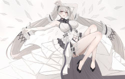 Rule 34 | 1girl, absurdly long hair, absurdres, azur lane, black choker, black footwear, black neckwear, black sailor collar, bow, dress bow, choker, clothing cutout, dress, dress bow, dress flower, feather dress, formidable (azur lane), formidable (timeless classics) (azur lane), full body, hair ornament, high heels, highres, kuyoumi, layered dress, long dress, long hair, looking at viewer, navel cutout, official alternate costume, platinum blonde hair, red eyes, sailor collar, see-through, shoes, simple background, solo, twintails, two-tone dress, two-tone ribbon, veil, very long hair, white dress