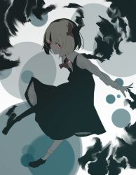 Rule 34 | 1girl, blonde hair, bobby socks, dark, darkness, embodiment of scarlet devil, female focus, glowing, glowing eyes, hair ribbon, kazeharu, outstretched arms, petticoat, red eyes, ribbon, rumia, short hair, socks, solo, spread arms, touhou