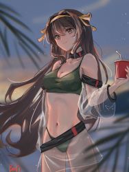 Rule 34 | 1girl, absurdres, bikini, black choker, breasts, brown hair, choker, cleavage, closed mouth, commentary request, cup, disposable cup, drink, drinking straw, evening, green bikini, hair ribbon, hairband, highres, hlqh, holding, holding drink, long hair, medium breasts, navel, outdoors, ribbon, see-through, see-through sleeves, smile, solo, suzumiya haruhi, suzumiya haruhi no yuuutsu, swimsuit, yellow hairband, yellow ribbon
