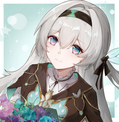 Rule 34 | 1girl, black hairband, blue background, blue eyes, blue pupils, border, bouquet, closed mouth, collared shirt, dutch angle, firefly (honkai: star rail), flower, grey hair, hair intakes, hairband, highres, holding, holding bouquet, honkai: star rail, honkai (series), k/a, long hair, looking at viewer, pink eyes, shirt, sidelocks, smile, solo, two-tone eyes, white border, white shirt