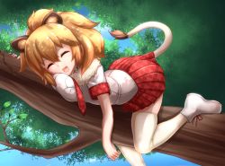 Rule 34 | 10s, 1girl, ^ ^, animal ears, branch, breast press, breasts, cat ears, cat tail, closed eyes, coco ankou, day, full body, fur collar, highres, in tree, kemono friends, large breasts, lion (kemono friends), lion ears, lion tail, long hair, lying, on stomach, open mouth, orange hair, pleated skirt, school uniform, serafuku, shoes, short sleeves, skirt, sky, solo, tail, thighhighs, tree