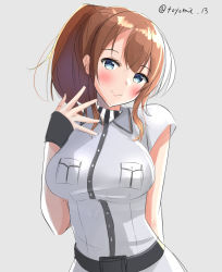 Rule 34 | 1girl, black gloves, breast pocket, breasts, brown hair, dress, fingerless gloves, gloves, grey background, grey dress, grey eyes, kantai collection, large breasts, pocket, ponytail, saratoga (kancolle), saratoga mk ii (kancolle), side ponytail, sidelocks, simple background, solo, toyomi 13, twitter username, upper body