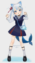 Rule 34 | 1girl, alternate costume, animal ears, animal print, ankle strap, artist name, asymmetrical hair, bag, black footwear, blue dress, blue eyes, blue hair, blue nails, blush, cat ears, child, claw pose, collared shirt, commentary, dress, fins, fish, fish hair ornament, fish print, fish tail, full body, gawr gura, gotou (nekocat), grey background, hair ornament, hair ribbon, handbag, head tilt, highres, hololive, hololive english, kemonomimi mode, long sleeves, looking at viewer, medium hair, multicolored hair, nail polish, notice lines, open mouth, red ribbon, ribbon, romaji text, shark tail, shirt, shoes, side ponytail, signature, silver hair, simple background, socks, solo, standing, streaked hair, tail, twitter username, two-tone hair, virtual youtuber, white shirt, white socks