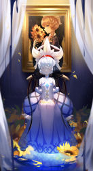 Rule 34 | 1girl, absurdres, bare shoulders, blonde hair, blue eyes, braid, closed eyes, curtains, detached sleeves, dress, fate/grand order, fate (series), flower, frilled sleeves, frills, hair ornament, hairband, halter dress, halterneck, hat, highres, holding, holding flower, kyo (maae00), on chair, painting (object), partially submerged, portrait (object), puffy sleeves, red hairband, short hair, side braid, sitting, strapless, strapless dress, sunflower, van gogh (fate), van gogh (third ascension) (fate), white dress, white hair