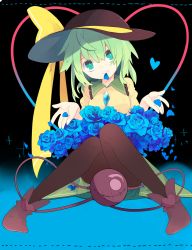 Rule 34 | 1girl, akimaki yuu, blue flower, blue rose, boots, eyeball, flower, full body, gradient background, green eyes, green hair, hat, hat ribbon, head tilt, heart, heart of string, highres, knees together feet apart, komeiji koishi, long sleeves, looking at viewer, mouth hold, pantyhose, petals, ribbon, rose, shirt, sitting, skirt, solo, stitches, string, third eye, touhou