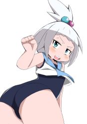 Rule 34 | 1girl, abarai (abarabone), alternate costume, ass, bare shoulders, blue eyes, blue one-piece swimsuit, blue sailor collar, blush, clenched hand, cosplay, creatures (company), crop top, embarrassed, female focus, flat chest, freckles, from behind, game freak, gym leader, hair bobbles, hair ornament, hand up, highres, jpeg artifacts, lana (pokemon), lana (pokemon) (cosplay), leaning forward, looking at viewer, nintendo, one-piece swimsuit, open mouth, paw pose, pokemon, pokemon bw2, pokemon sm, roxie (pokemon), sailor collar, shirt, short hair, simple background, sleeveless, sleeveless shirt, solo, sweat, swimsuit, swimsuit under clothes, teeth, white background, white hair, white shirt