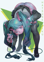 Rule 34 | 1girl, bent over, blue hair, blue nails, hatsune miku, highres, long hair, microphone, panties, poch4n, skirt, solo, star (symbol), striped clothes, striped panties, thighhighs, underwear, vocaloid