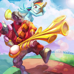 Rule 34 | 1boy, bandolier, bongo drums, boots, bubble, cloud, cloudy sky, cowboy hat, crossover, day, drum, gas mask, gooloomy, grin, hat, instrument, male focus, mask, multicolored hair, my little pony, my little pony: friendship is magic, pink hair, pinkie pie, pyro (tf2), rainblower, rainbow dash, rainbow hair, red eyes, red pyro (tf2), sky, smile, team fortress 2