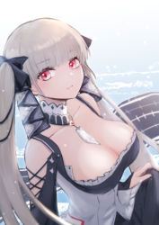 Rule 34 | 1girl, azur lane, black dress, blush, breasts, cleavage, closed mouth, clothes lift, collarbone, dress, dress lift, formidable (azur lane), hair ribbon, large breasts, leo (leo ms 888), long hair, looking at viewer, platinum blonde hair, red eyes, ribbon, simple background, solo, twintails, upper body
