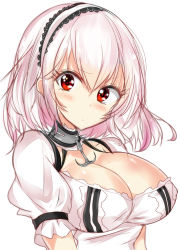 Rule 34 | :t, azur lane, blush, breasts, cleavage, closed mouth, commentary request, dress, hair between eyes, hairband, haru (nature life), head tilt, large breasts, looking at viewer, pink hair, pout, puffy short sleeves, puffy sleeves, red eyes, short sleeves, simple background, sirius (azur lane), solo, upper body, white background, white dress, white hairband