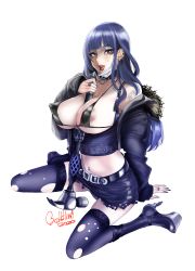 Rule 34 | 1girl, absurdres, areola slip, belt, between breasts, bikini, bikini top only, black bikini, breasts, breasts out, collar, covered erect nipples, dark areolae, ear piercing, final fantasy, final fantasy xiv, fingernails, fur trim, gaia (ff14), gyaru, hammer, high heels, highres, holding, holding hammer, holding weapon, huge breasts, jacket, jewelry, lip piercing, long hair, looking at viewer, mask, midriff, nail polish, navel, navel piercing, ooshima ryou, panties, piercing, purple eyes, purple hair, purple nails, purple panties, purple thighhighs, ring, simple background, sitting, skirt, solo, swimsuit, tattoo, thighhighs, torn, torn clothes, torn thighhighs, underwear, wariza, weapon, white background